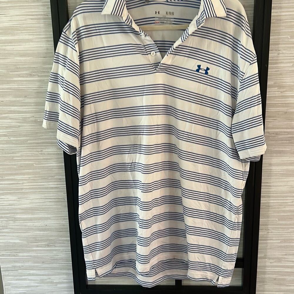 Under armor blue and white striped men's polo short sleeve T-shirt collared size
